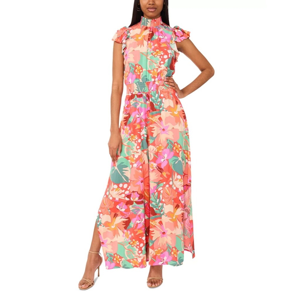 MSK Women's Smocked Waist Printed Wide-Leg Jumpsuit Orange Multi Size L